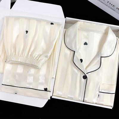 Cherry Print Φθινοπωρινό Faux Silk Satin Γυναικείες Σετ Πυτζάμες & Παντελόνια 2 τεμαχίων Sleepwear Κοντό μανίκια Nightwear Loungear για γυναίκες