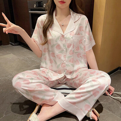 Cherry Print Φθινοπωρινό Faux Silk Satin Γυναικείες Σετ Πυτζάμες & Παντελόνια 2 τεμαχίων Sleepwear Κοντό μανίκια Nightwear Loungear για γυναίκες