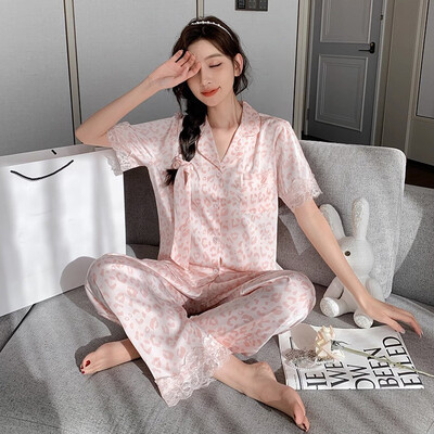 Cherry Print Φθινοπωρινό Faux Silk Satin Γυναικείες Σετ Πυτζάμες & Παντελόνια 2 τεμαχίων Sleepwear Κοντό μανίκια Nightwear Loungear για γυναίκες