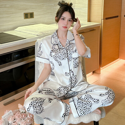 Cherry Print Φθινοπωρινό Faux Silk Satin Γυναικείες Σετ Πυτζάμες & Παντελόνια 2 τεμαχίων Sleepwear Κοντό μανίκια Nightwear Loungear για γυναίκες