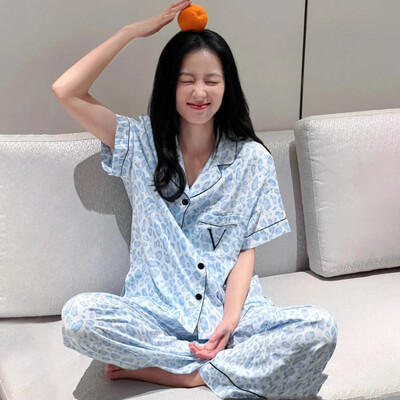 Cherry Print Φθινοπωρινό Faux Silk Satin Γυναικείες Σετ Πυτζάμες & Παντελόνια 2 τεμαχίων Sleepwear Κοντό μανίκια Nightwear Loungear για γυναίκες