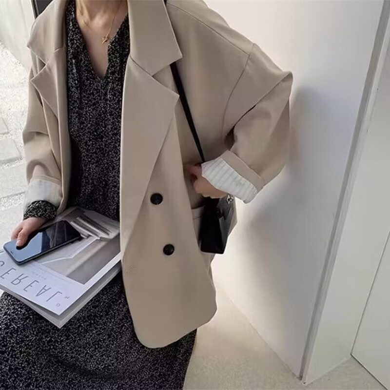 Vintage saká pre ženy, elegantný pevný voľný kabát, jarná jeseň, ležérny nadrozmerný oblek, dámska minimalistická bunda s dlhým rukávom