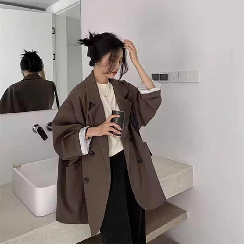 Vintage saká pre ženy, elegantný pevný voľný kabát, jarná jeseň, ležérny nadrozmerný oblek, dámska minimalistická bunda s dlhým rukávom