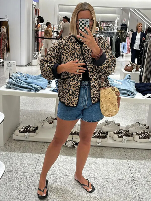 Madingi leopardo raštais dygsniuoti žieminiai paltai ilgomis rankovėmis, kišenėmis, šilta, moteriška, paminkštinta striuke, laisvalaikio viršutiniai moteriški viršutiniai drabužiai