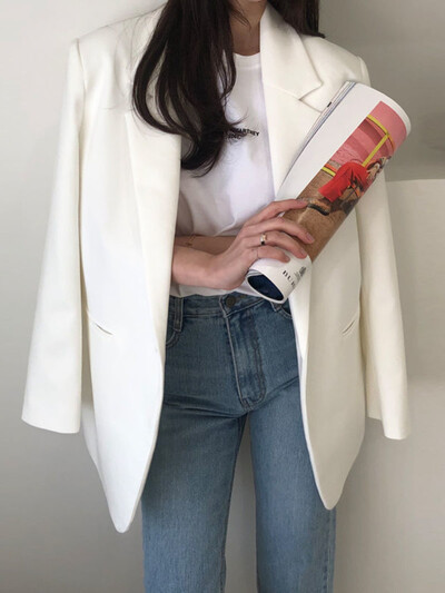 Dámske biele saká, univerzálne, kancelárske, ležérne, voľné, Ulzzang, kórejský štýl, elegantný temperament, móda s jedným gombíkom na jar