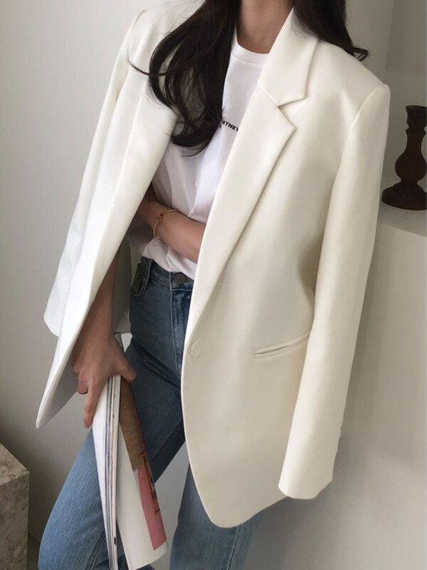 Dámske biele saká, univerzálne, kancelárske, ležérne, voľné, Ulzzang, kórejský štýl, elegantný temperament, móda s jedným gombíkom na jar