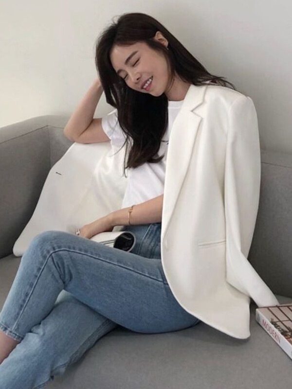 Dámske biele saká, univerzálne, kancelárske, ležérne, voľné, Ulzzang, kórejský štýl, elegantný temperament, móda s jedným gombíkom na jar