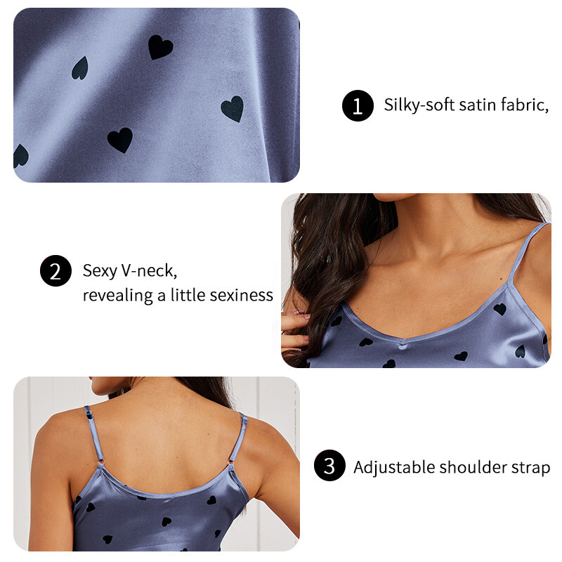 Női szívmintás pizsama szett Szexi V nyakú Cami felső és elasztikus deréknadrágos pizsama 2 részes női háló- és nappaliruházat PJ