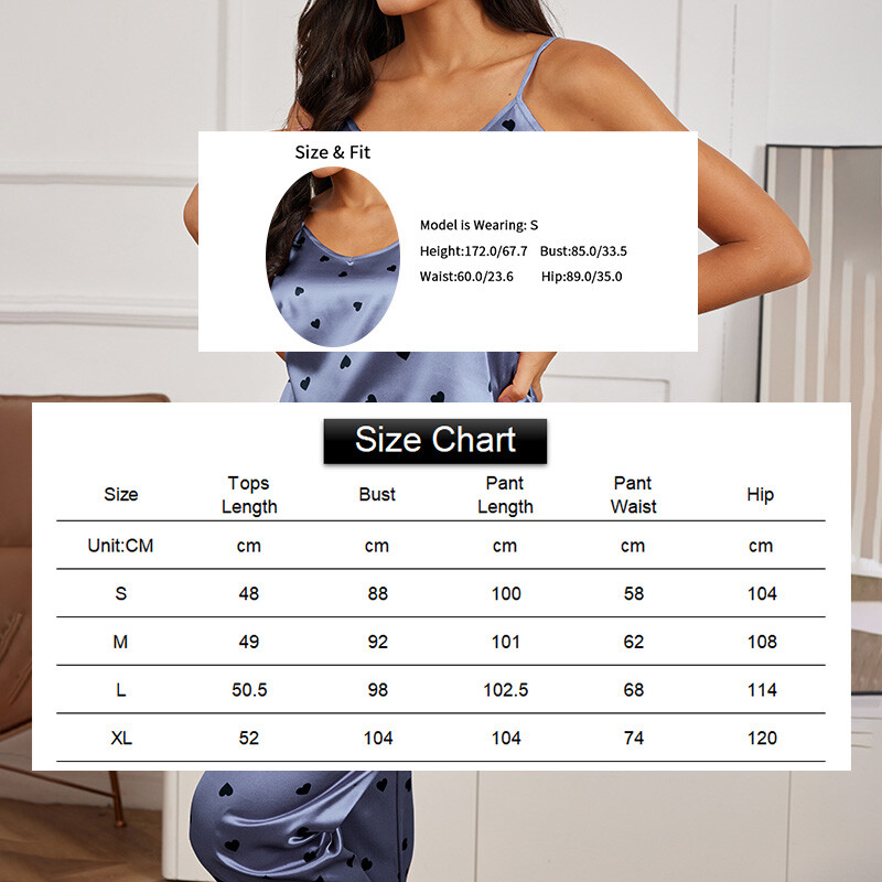 Női szívmintás pizsama szett Szexi V nyakú Cami felső és elasztikus deréknadrágos pizsama 2 részes női háló- és nappaliruházat PJ