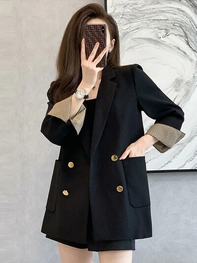 Casual Commuting Μαύρο μπουφάν για γυναικεία άνοιξη φθινοπώρου Κορεατική έκδοση Χαλαρή μοντέρνα απλή μοντέρνα μπλούζα με διπλό στήθος