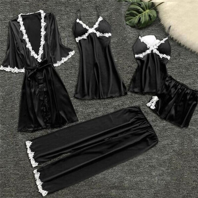 Női szatén hálóruha Vékony 5 részes pizsama szexi csipke pizsama Sleep Lounge pizsama selyem éjszakai otthoni ruházat pizsama öltöny