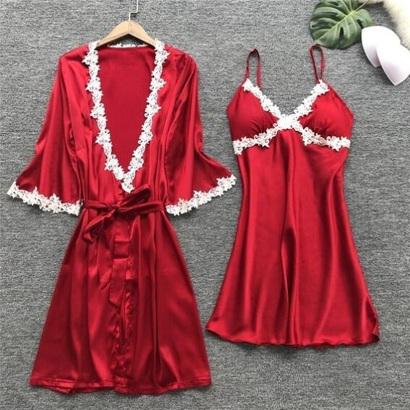 Női szatén hálóruha Vékony 5 részes pizsama szexi csipke pizsama Sleep Lounge pizsama selyem éjszakai otthoni ruházat pizsama öltöny