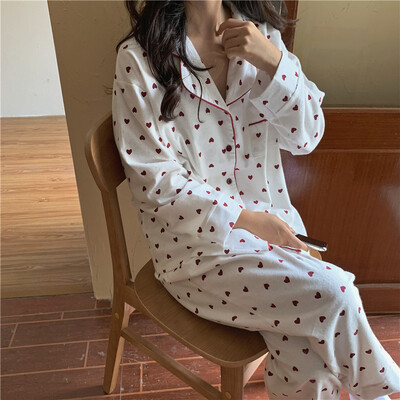 Domáci oblek s potlačou srdca, voľná bavlnená ležérna pyžamová súprava, kórejské pyžamo, nohavice, Harajuku domáce oblečenie, Kawaii, jednoradový top