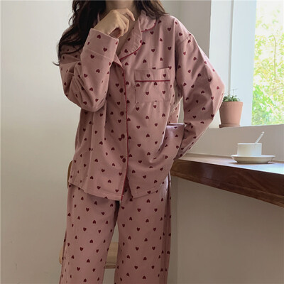 Domáci oblek s potlačou srdca, voľná bavlnená ležérna pyžamová súprava, kórejské pyžamo, nohavice, Harajuku domáce oblečenie, Kawaii, jednoradový top