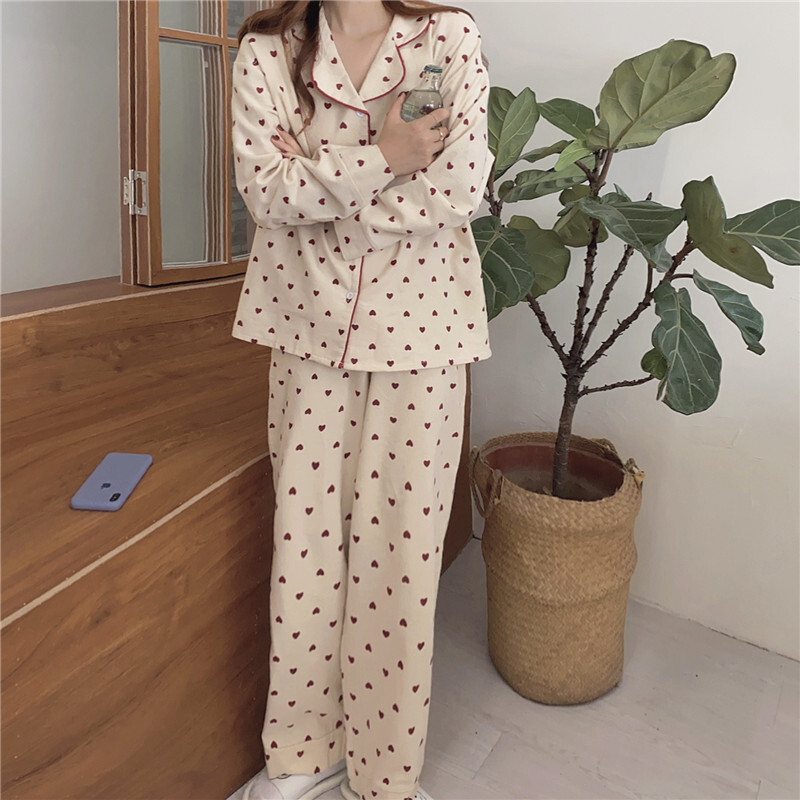 Domáci oblek s potlačou srdca, voľná bavlnená ležérna pyžamová súprava, kórejské pyžamo, nohavice, Harajuku domáce oblečenie, Kawaii, jednoradový top