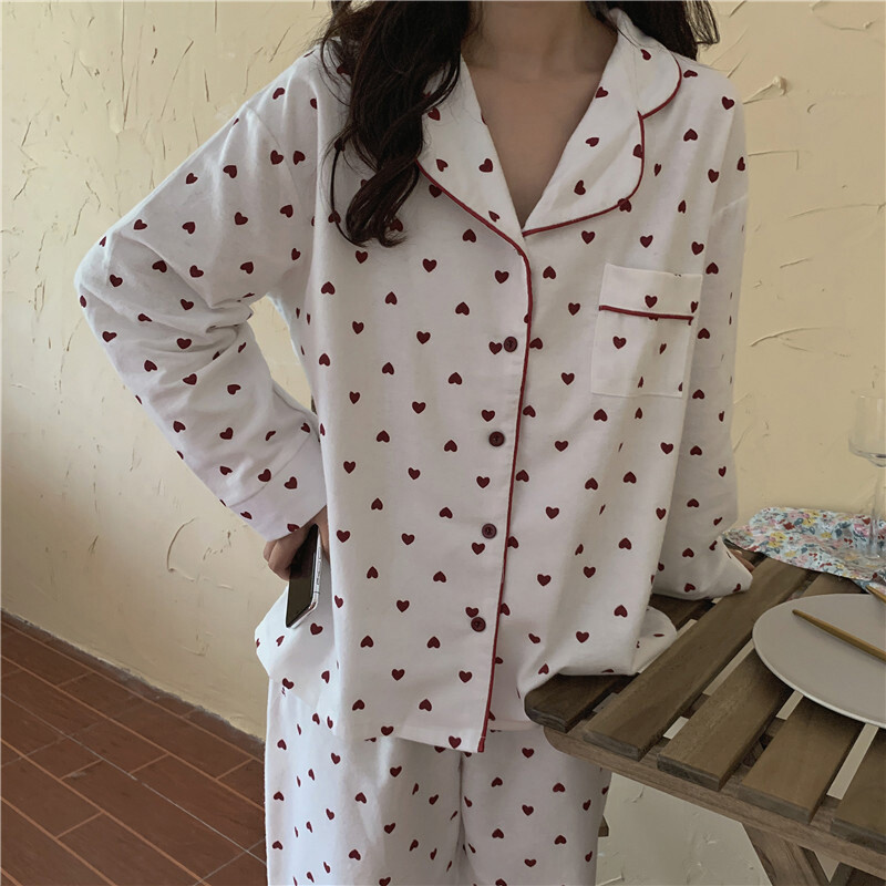 Domáci oblek s potlačou srdca, voľná bavlnená ležérna pyžamová súprava, kórejské pyžamo, nohavice, Harajuku domáce oblečenie, Kawaii, jednoradový top