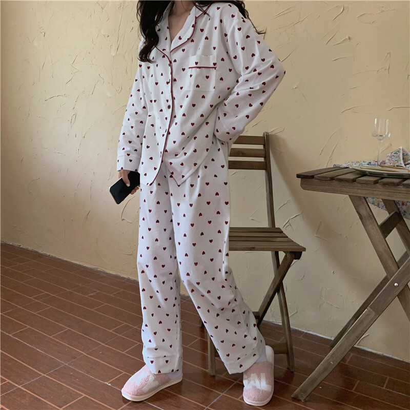 Domáci oblek s potlačou srdca, voľná bavlnená ležérna pyžamová súprava, kórejské pyžamo, nohavice, Harajuku domáce oblečenie, Kawaii, jednoradový top