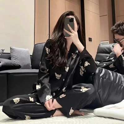 Moterų pižama, imituotas šilkas, plonas, plonas kostiumas ilgomis rankovėmis, pavasario ir rudens ledinis šilkas, aukštos klasės tapyba rašalu, kasdienė namų apranga