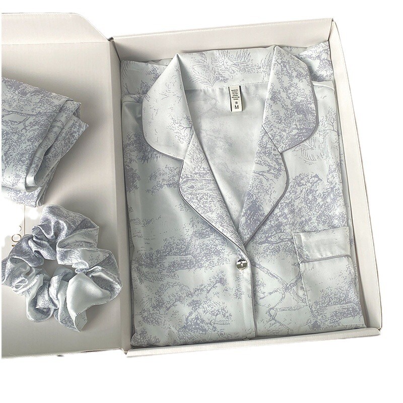 Moterų pižama, imituotas šilkas, plonas, plonas kostiumas ilgomis rankovėmis, pavasario ir rudens ledinis šilkas, aukštos klasės tapyba rašalu, kasdienė namų apranga