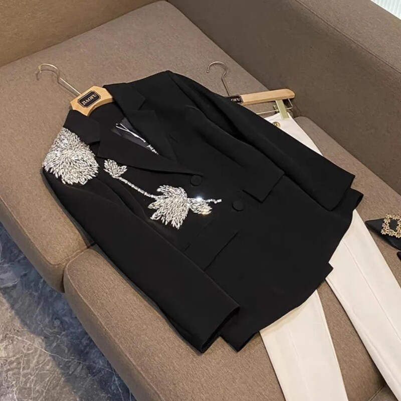 Štýlové kvetinové spájanie elegantných sak, sako, pre ženy, temperamentné čierne saká s dlhým rukávom, dámske topy