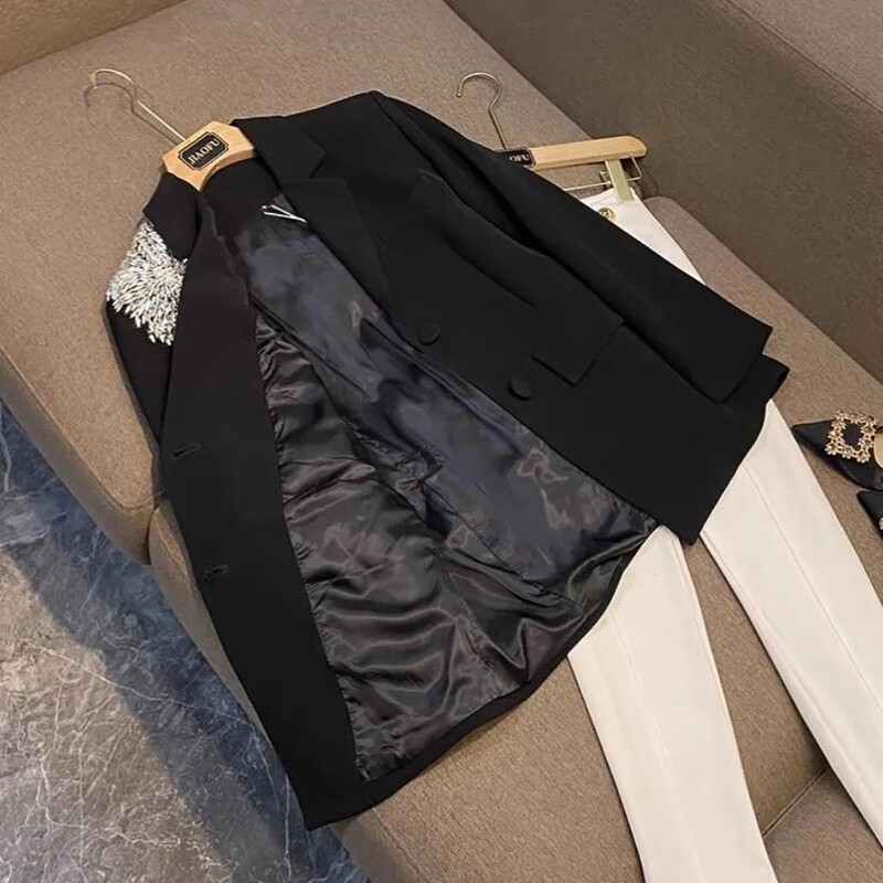 Štýlové kvetinové spájanie elegantných sak, sako, pre ženy, temperamentné čierne saká s dlhým rukávom, dámske topy