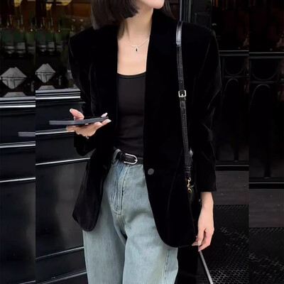 Blazer de toamnă nou de catifea neagră pentru femei, la modă, cu mânecă lungă, cu un singur buton, ocazional, costum larg temperament, top îmbrăcăminte exterioară pentru femei