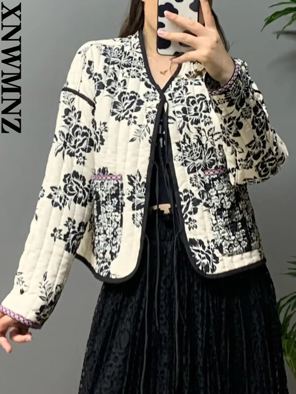 XNWMNZ 2022 Jachetă matlasată cu imprimeu la modă pentru femei, cravată retro cu gât în V, jachetă căptușită caldă de iarnă, jachetă reversibilă șic pentru femei