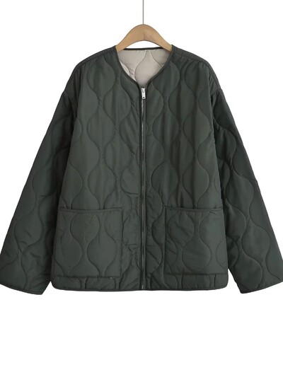 XNWMNZ 2024 Γυναικείο μπουφάν με επένδυση φθινοπώρου/χειμώνα Γυναικείο ρετρό O λαιμό μακρυμάνικο φερμουάρ Ευέλικτο γυναικείο καπιτονέ παλτό