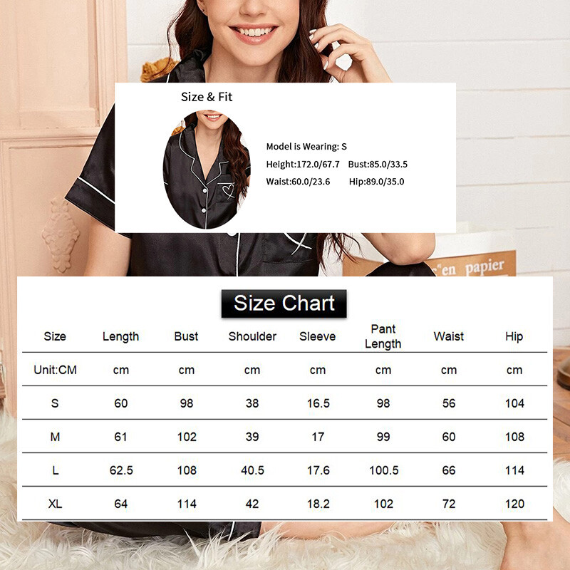 Női pizsama zsebes, szívvel hímzett pizsama szett szatén kényelmes, rövid ujjú gombos pizsama nappali nadrág női hálóruhákhoz