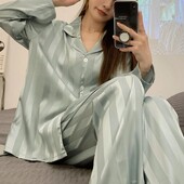 Set de pantaloni cămașă pentru acasă Set pijama de mătase cu dungi pentru femei cu cămașă cu mânecă lungă Pantaloni largi Primăvara vară pentru confort