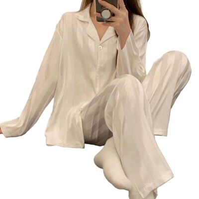 Set de pantaloni cămașă pentru acasă Set pijama de mătase cu dungi pentru femei cu cămașă cu mânecă lungă Pantaloni largi Primăvara vară pentru confort