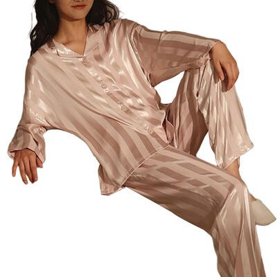 Set de pantaloni cămașă pentru acasă Set pijama de mătase cu dungi pentru femei cu cămașă cu mânecă lungă Pantaloni largi Primăvara vară pentru confort