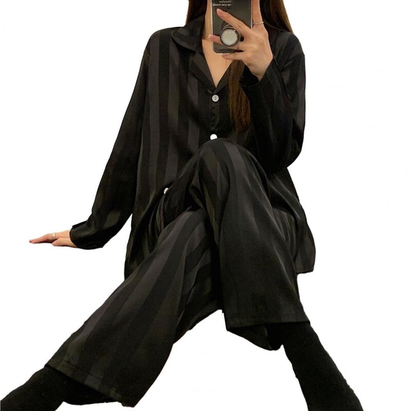 Set de pantaloni cămașă pentru acasă Set pijama de mătase cu dungi pentru femei cu cămașă cu mânecă lungă Pantaloni largi Primăvara vară pentru confort