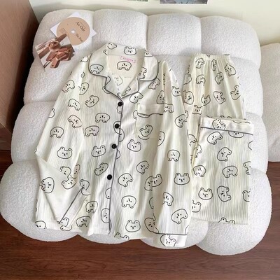 A színes pöttyös aranyos buborékos ráncos pizsama édes asszony koreai változata otthoni viselet, női hosszú ujjú nadrág, lánykosztüm