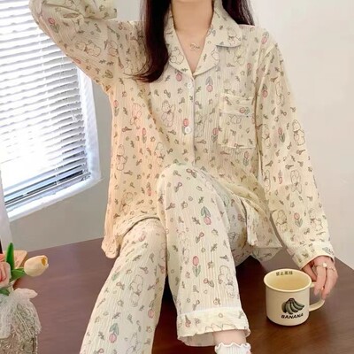 A színes pöttyös aranyos buborékos ráncos pizsama édes asszony koreai változata otthoni viselet, női hosszú ujjú nadrág, lánykosztüm