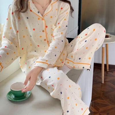 A színes pöttyös aranyos buborékos ráncos pizsama édes asszony koreai változata otthoni viselet, női hosszú ujjú nadrág, lánykosztüm