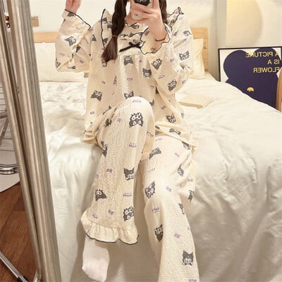 A színes pöttyös aranyos buborékos ráncos pizsama édes asszony koreai változata otthoni viselet, női hosszú ujjú nadrág, lánykosztüm