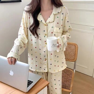 A színes pöttyös aranyos buborékos ráncos pizsama édes asszony koreai változata otthoni viselet, női hosszú ujjú nadrág, lánykosztüm