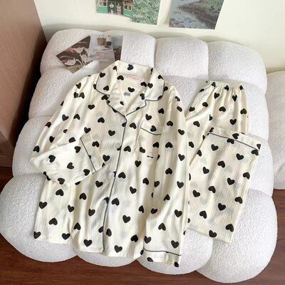 A színes pöttyös aranyos buborékos ráncos pizsama édes asszony koreai változata otthoni viselet, női hosszú ujjú nadrág, lánykosztüm