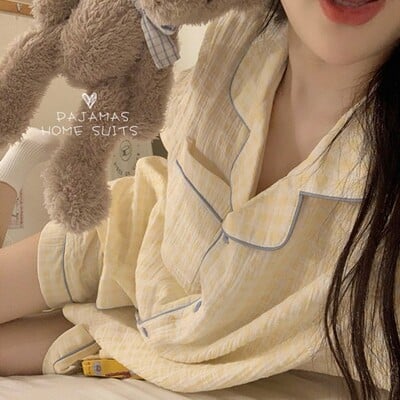 A színes pöttyös aranyos buborékos ráncos pizsama édes asszony koreai változata otthoni viselet, női hosszú ujjú nadrág, lánykosztüm