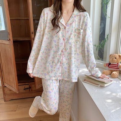 A színes pöttyös aranyos buborékos ráncos pizsama édes asszony koreai változata otthoni viselet, női hosszú ujjú nadrág, lánykosztüm