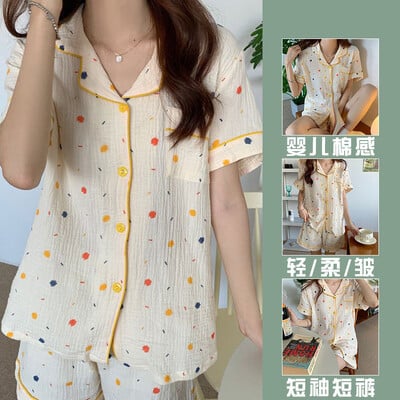 A színes pöttyös aranyos buborékos ráncos pizsama édes asszony koreai változata otthoni viselet, női hosszú ujjú nadrág, lánykosztüm