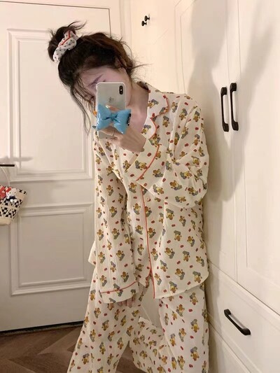 A színes pöttyös aranyos buborékos ráncos pizsama édes asszony koreai változata otthoni viselet, női hosszú ujjú nadrág, lánykosztüm