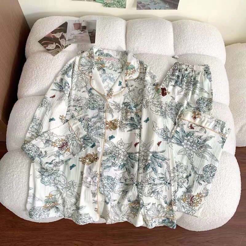 A színes pöttyös aranyos buborékos ráncos pizsama édes asszony koreai változata otthoni viselet, női hosszú ujjú nadrág, lánykosztüm