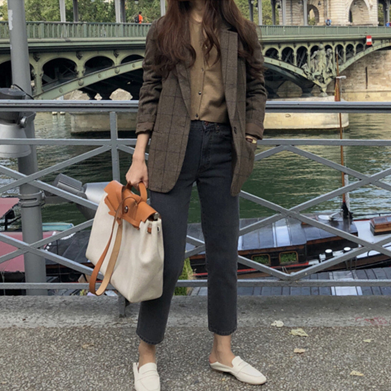 Blazer în carouri de primăvară, toamnă, vară, jachetă pentru femei, 2023, nou stil coreean, subțire, cu mânecă lungă, ocazional, la modă, de afaceri, haine pentru femei