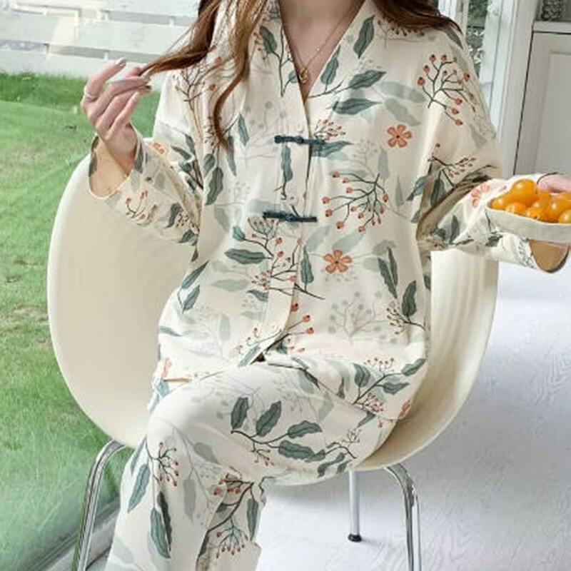 Bavlnené domáce oblečenie, pyžamá, kawaii, dámske oblečenie, veľké veľkosti, pyžamové súpravy s dlhým rukávom, výstrihom do V, gombíky, dve súpravy, nočné prádlo, nohavice