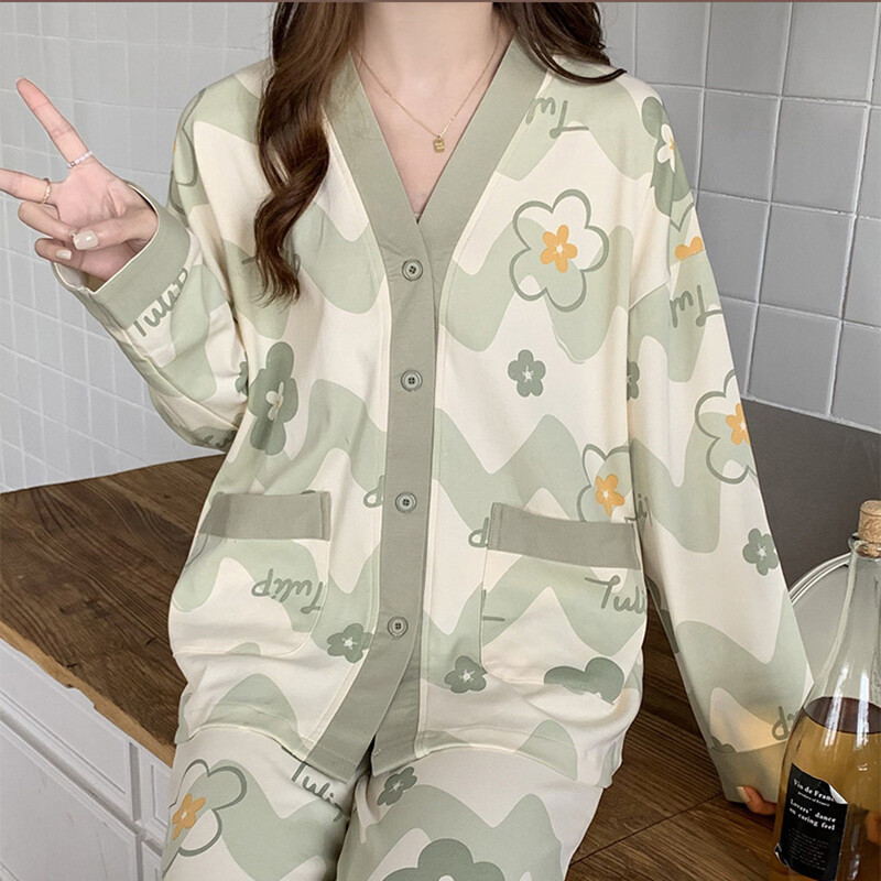 Bavlnené domáce oblečenie, pyžamá, kawaii, dámske oblečenie, veľké veľkosti, pyžamové súpravy s dlhým rukávom, výstrihom do V, gombíky, dve súpravy, nočné prádlo, nohavice