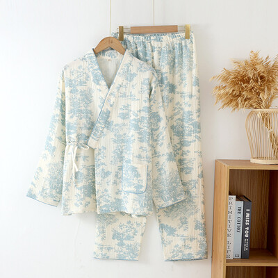 Zimné pyžamo pre ženy, bavlnené, národné, štyri ročné obdobia, gázové pyžamo s dlhým rukávom, nohavice, súpravy, japonské kimono, domáce služby
