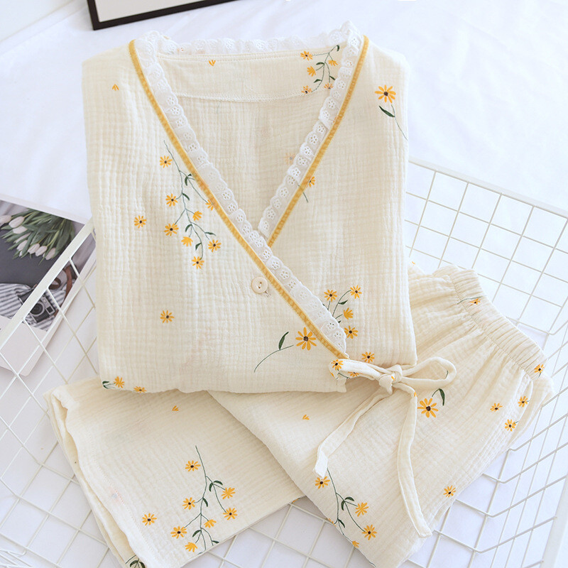 Japonské kimono pyžamo bavlnená gáza s dlhým rukávom, župan Femme s výstrihom do V, kvetinové nohavice, pyžamo Mujer, dámsky oblek, voľný ležérny 2 kusy