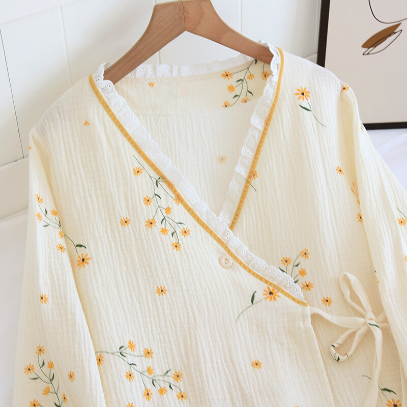 Japonské kimono pyžamo bavlnená gáza s dlhým rukávom, župan Femme s výstrihom do V, kvetinové nohavice, pyžamo Mujer, dámsky oblek, voľný ležérny 2 kusy